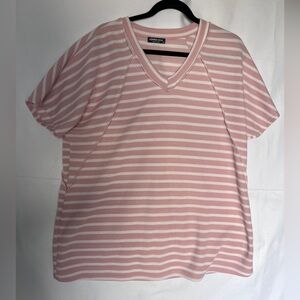 HEIMISH USA Pink and White Striped V-Neck Short Sleeve Top